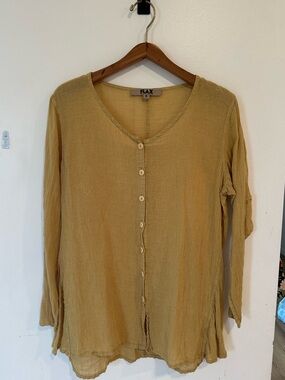 FLAX Long Sleeve Button Down V-Neck Top Linen Blend Womens Size Small Gold Artsy